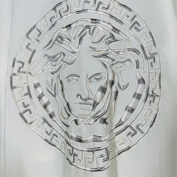 Button Up Shirt Greek Goddess Medusa Embossed Short Sleeve Ivory Resort Casual L - Picture 7 of 9